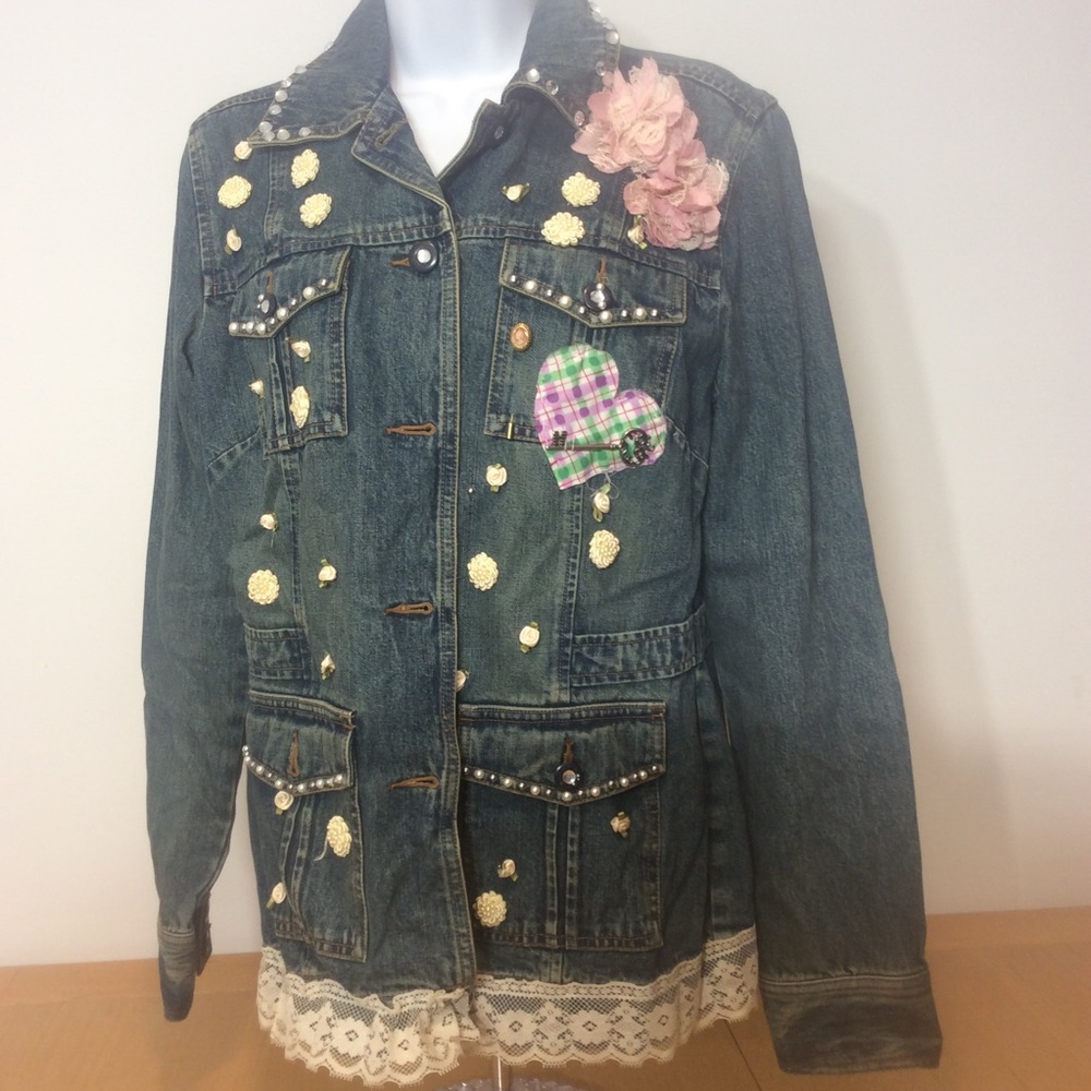 LOFT embellished denim jean jacket Handmade design Shabby Chic